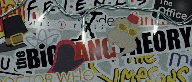 A collage of various TV show logos like "Friends," "The Office," and "The Big Bang Theory," decorated with holiday lights and the "Friends" Thanksgiving turkey.